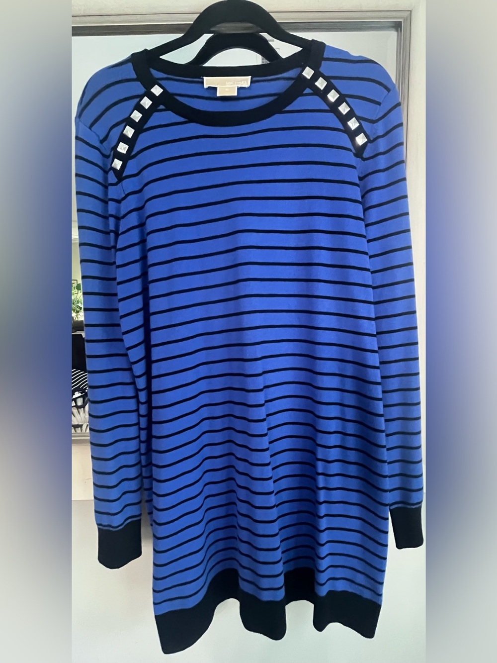 Michael Kors Blue & Black Striped Long Sleeve Tunic with Shoulder Studs Size XL